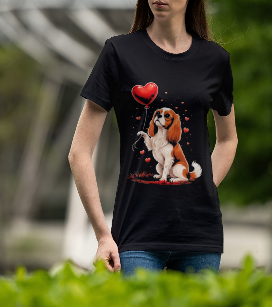 Cavalier King Charles Spaniel With Heart Balloon Surrounded By Floating Hearts T-Shirt