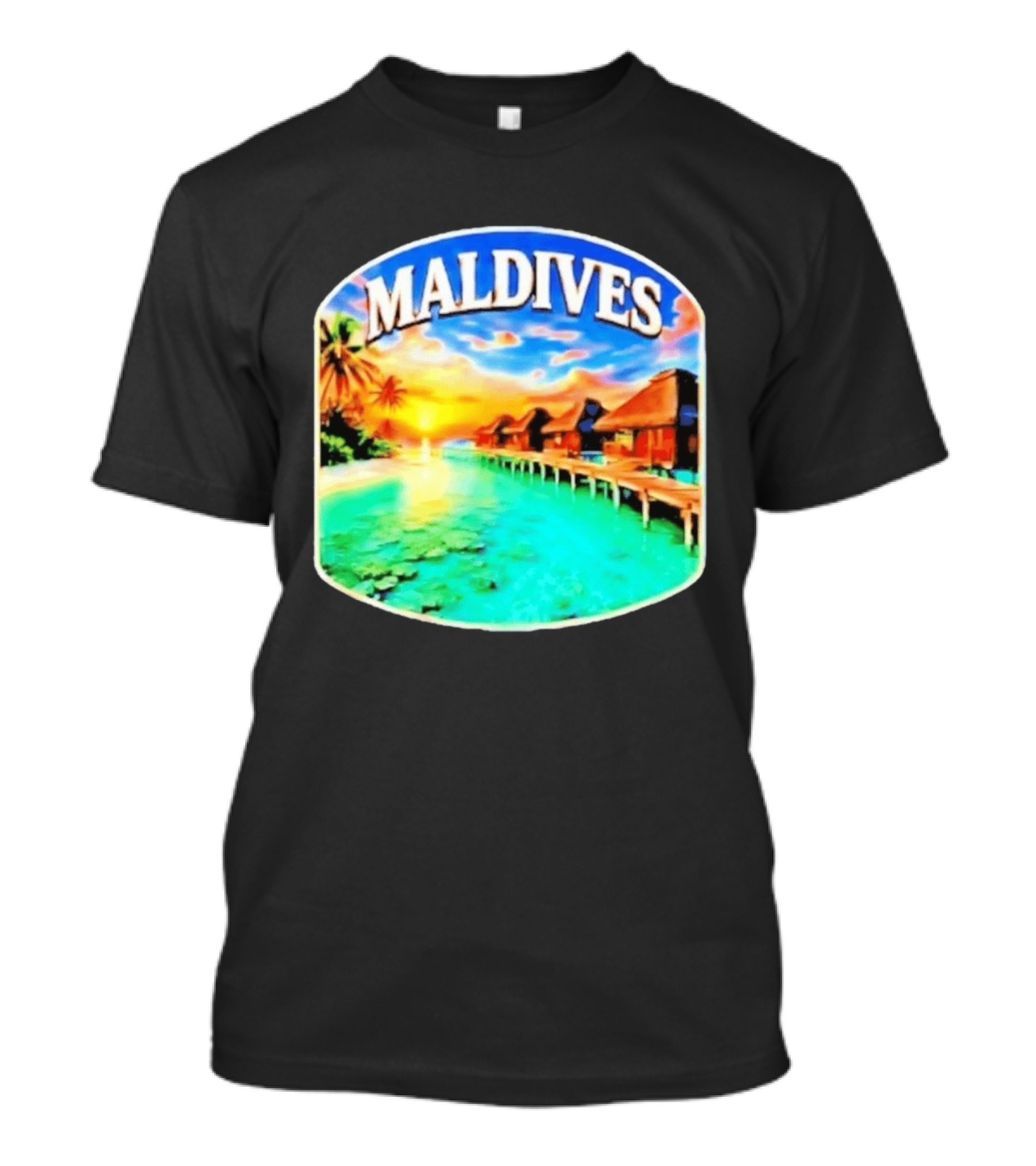 Maldives Tropical Sunset Overwater Bungalows Exquisite Island Escape T-Shirt