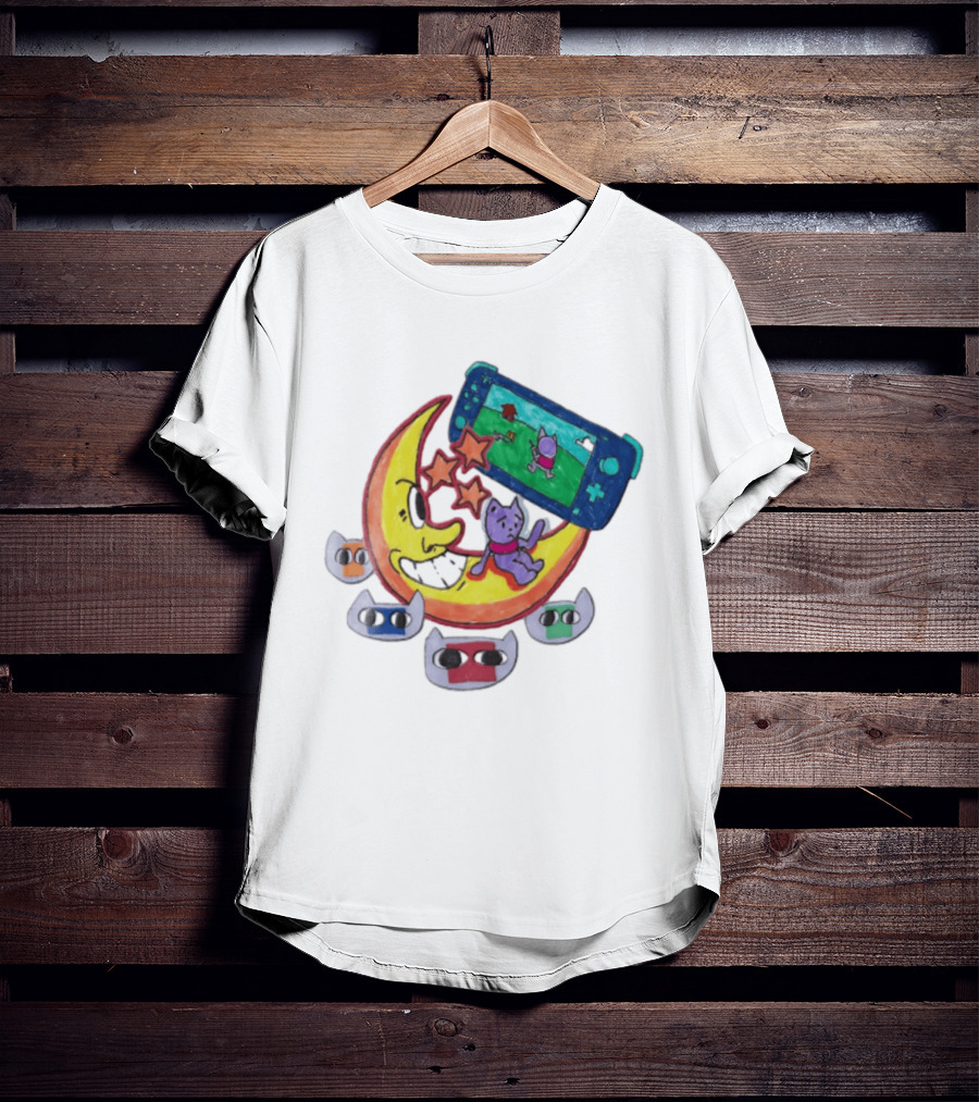 Purple Bear Gaming On Moon With Sunflowers And Dogs Whimsical Two Sided T-Shirt