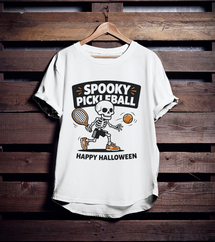 Spooky Pickleball Skeleton Halloween T-Shirt