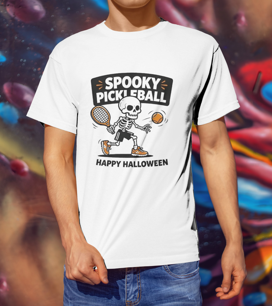 Spooky Pickleball Skeleton Halloween T-Shirt