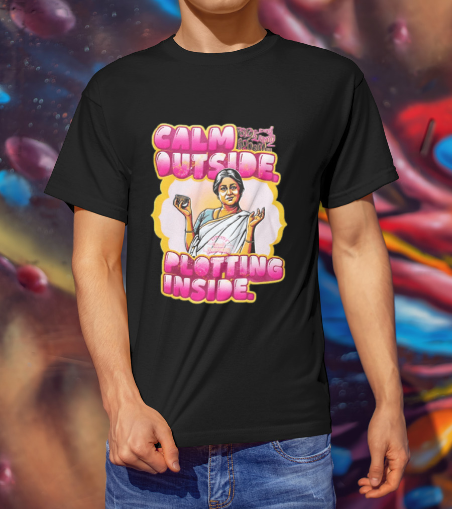 Kaviyoor Ponnamma Calm Outside Plotting Inside Woman Wearing Saree Holding Bowl T-Shirt