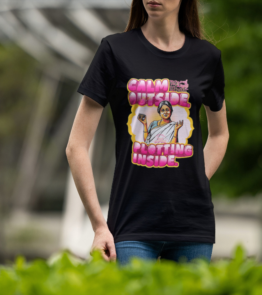 Kaviyoor Ponnamma Calm Outside Plotting Inside Woman Wearing Saree Holding Bowl T-Shirt