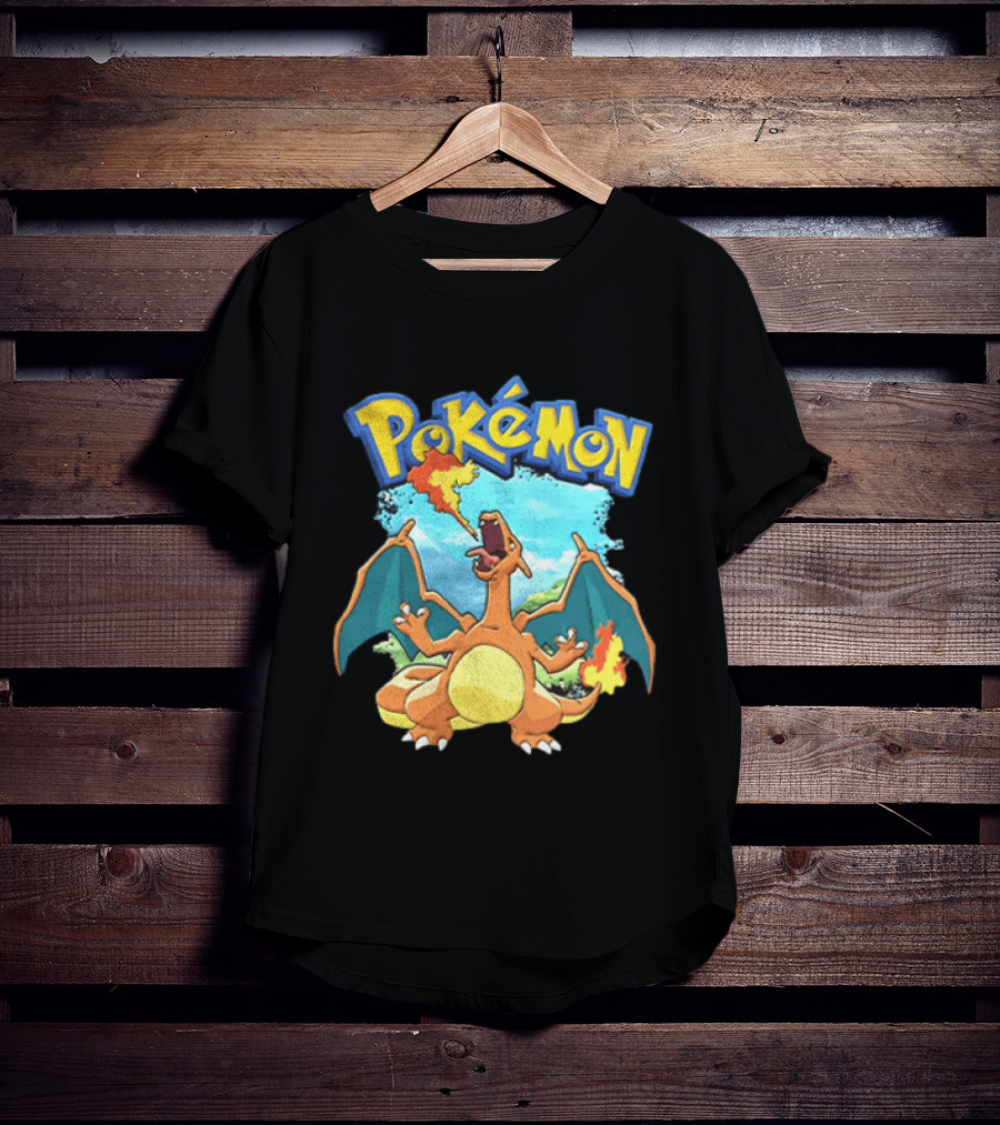 Pokemon Charizard Breathing Fire In Green Landscape T-Shirt