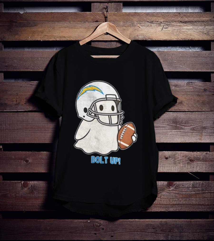 Los Angeles Chargers Bolt Up Ghost Football Helmet Holding Ball T-Shirt