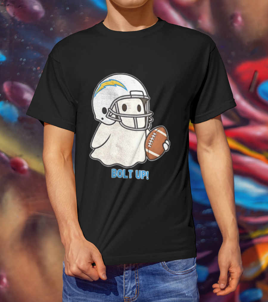 Los Angeles Chargers Bolt Up Ghost Football Helmet Holding Ball T-Shirt