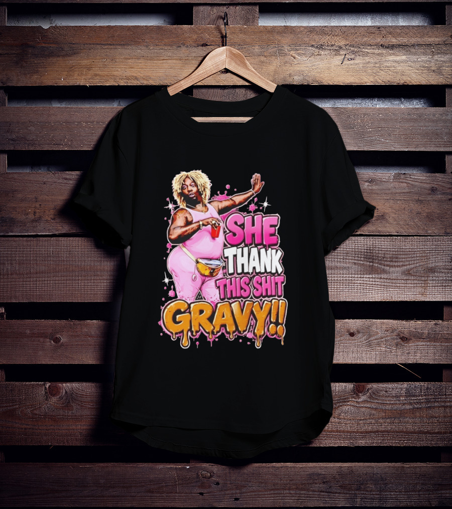 Yung Gravy She Thank This Shit Gravy Rapper Pink Outfit Drink Pose T-Shirt