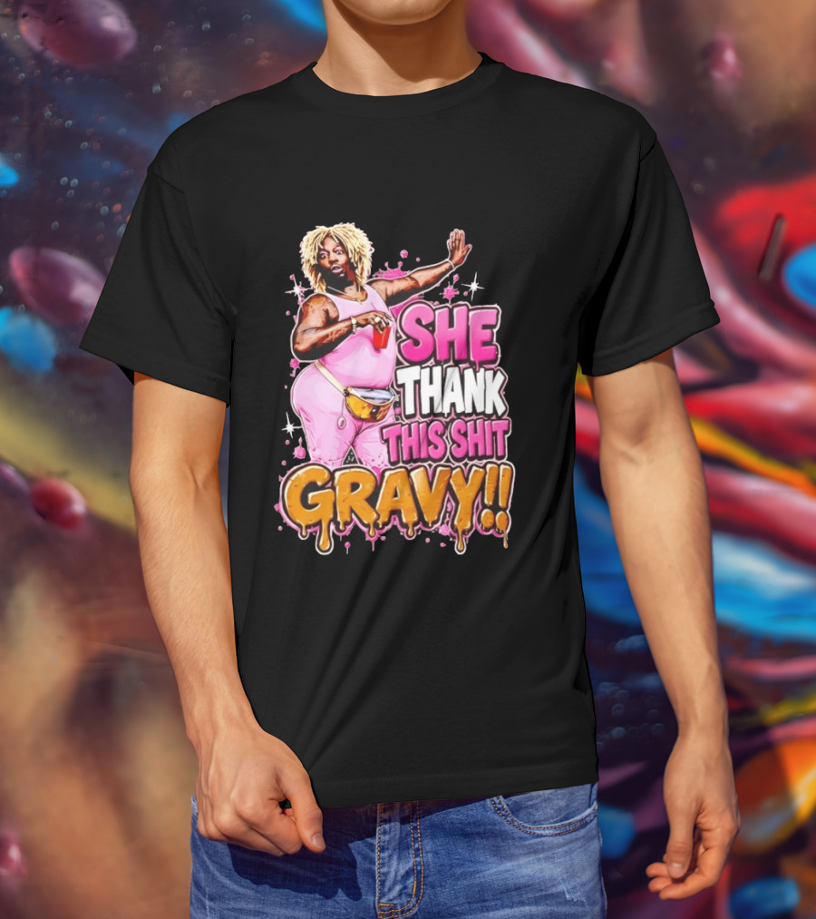 Yung Gravy She Thank This Shit Gravy Rapper Pink Outfit Drink Pose T-Shirt