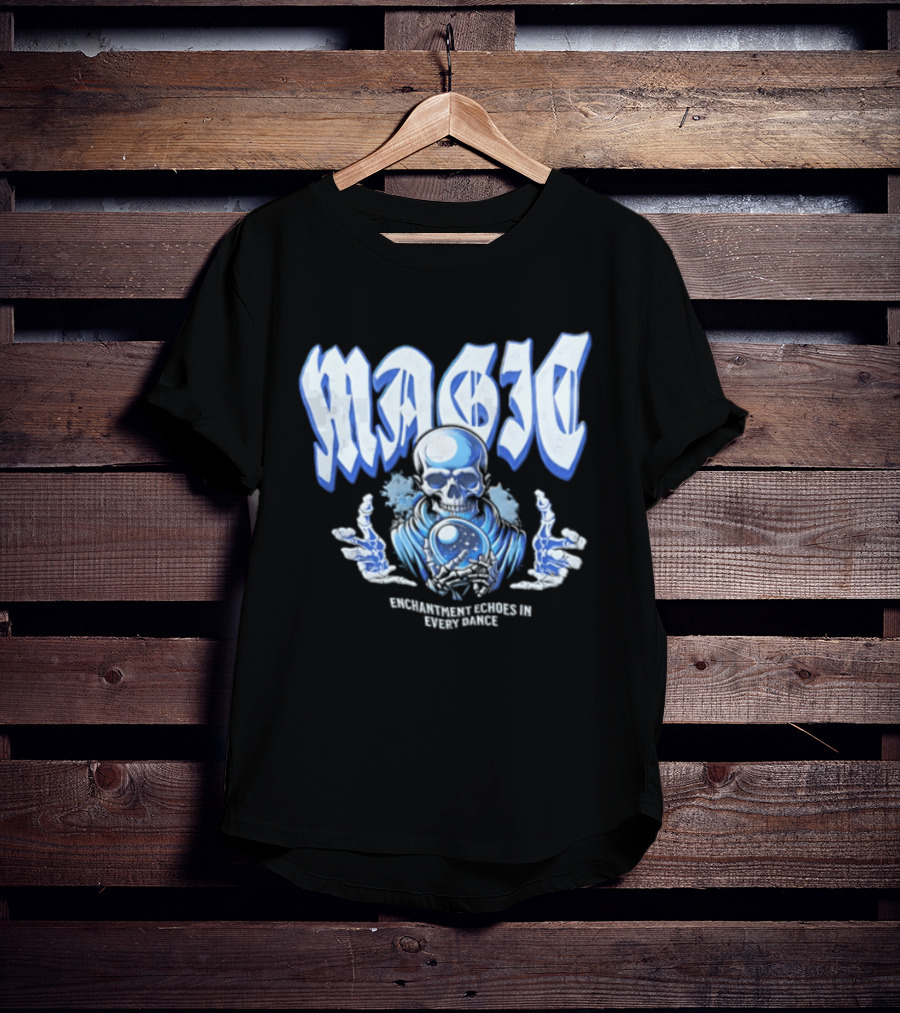 Magic Enchantment Echoes Skeleton Holding Glowing Crystal Ball T-Shirt