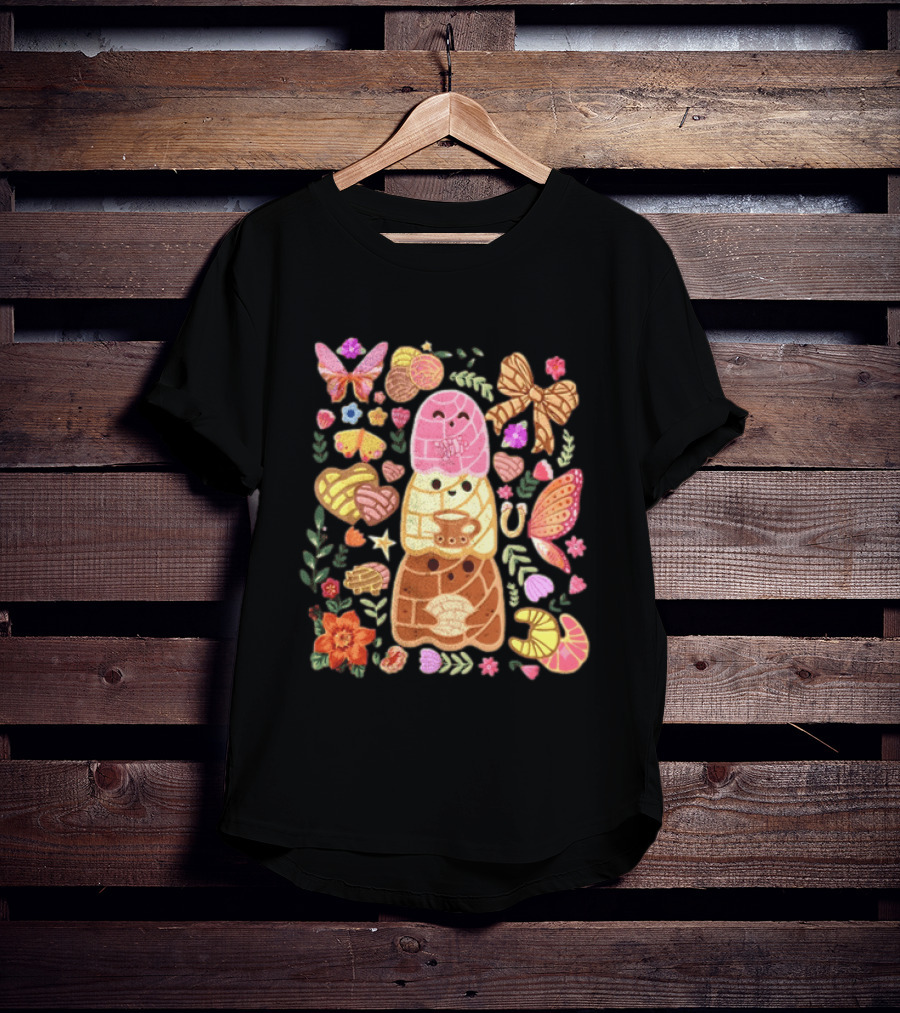 Stacked Concha Bread Characters With Colorful Flowers And Butterflies T-Shirt