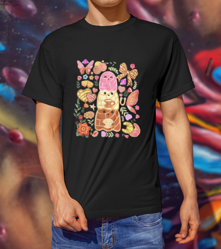 Stacked Concha Bread Characters With Colorful Flowers And Butterflies T-Shirt