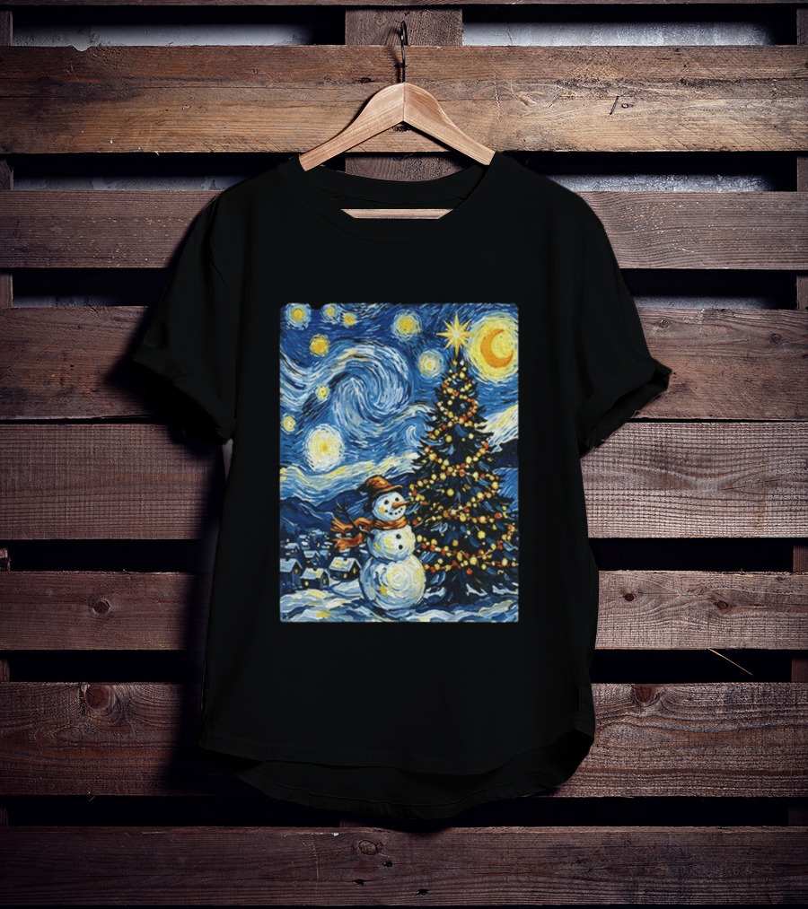 Starry Snowman Christmas Night With Tree And Sky T-Shirt