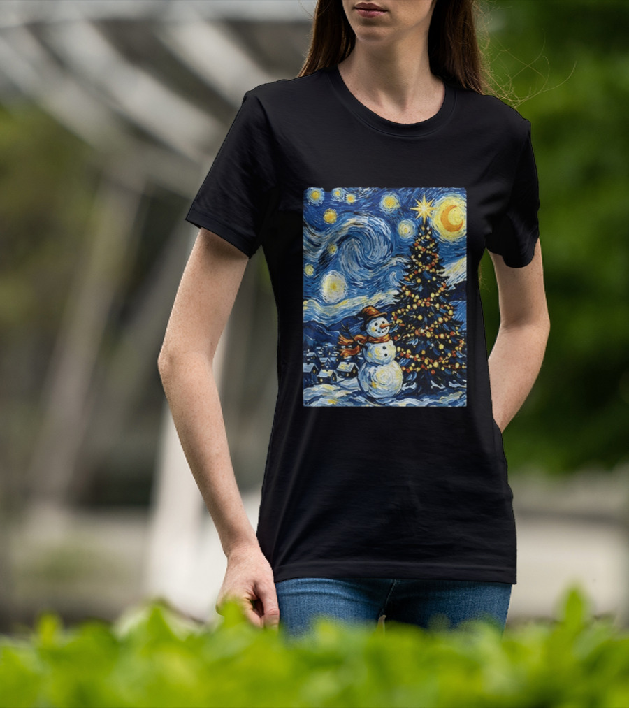 Starry Snowman Christmas Night With Tree And Sky T-Shirt