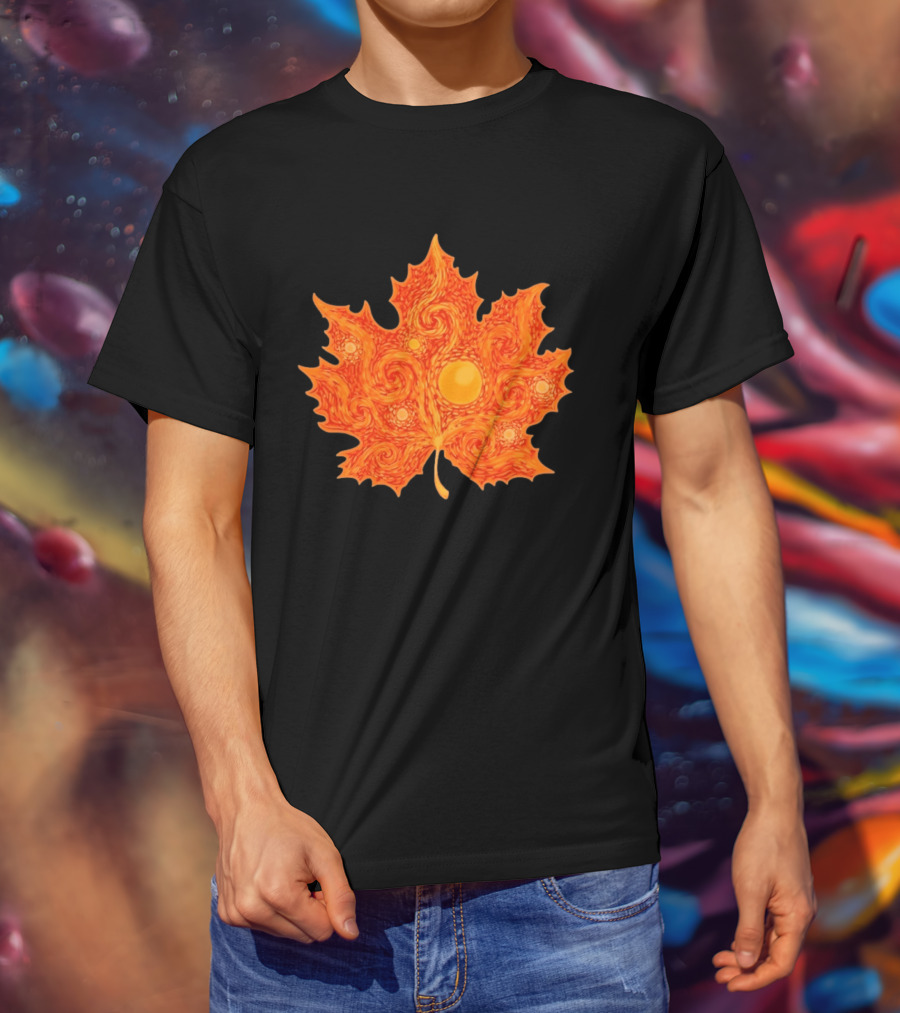 Starry Night Orange Maple Leaf Autumn Swirl T-Shirt