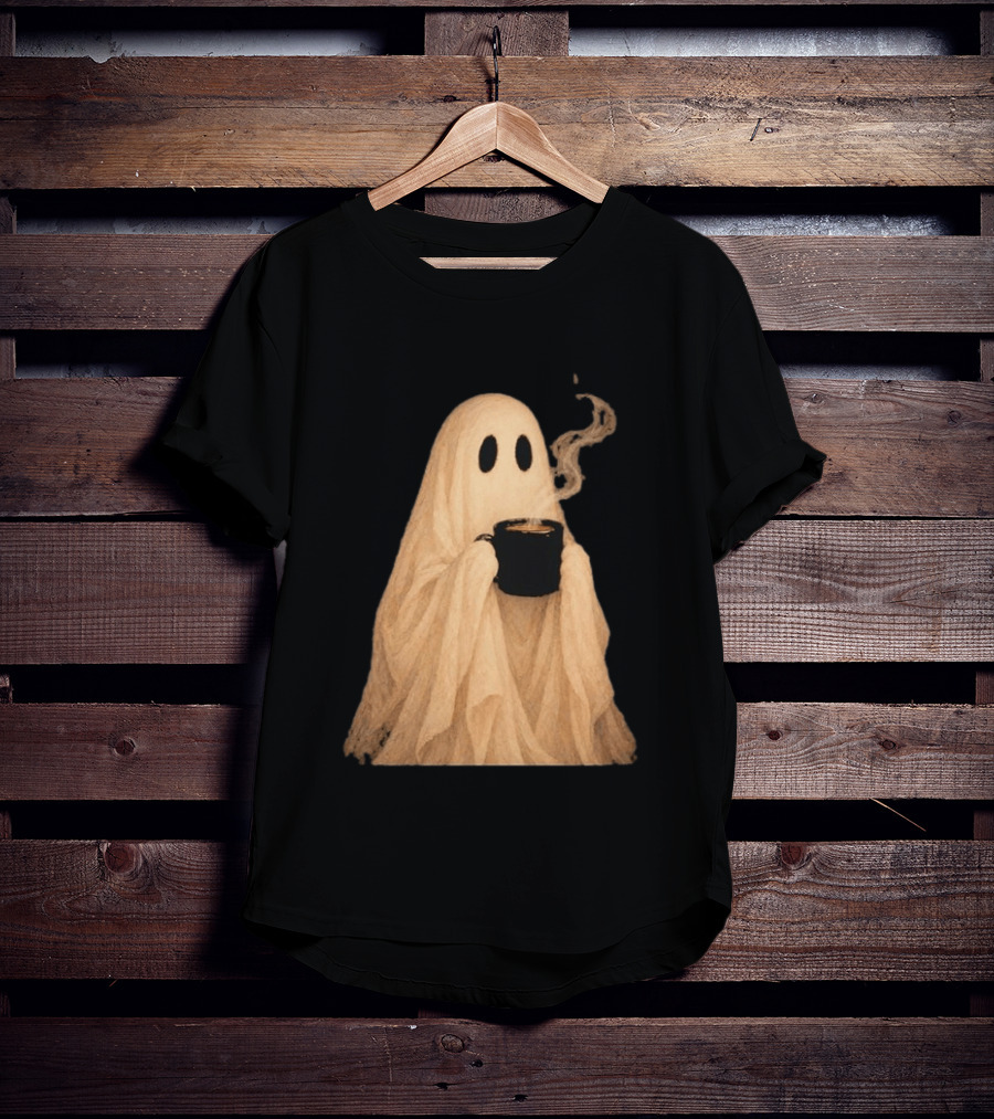 Ghost Spooky Coffee Bar Halloween Cozy Ghost Holding Coffee Steam T-Shirt