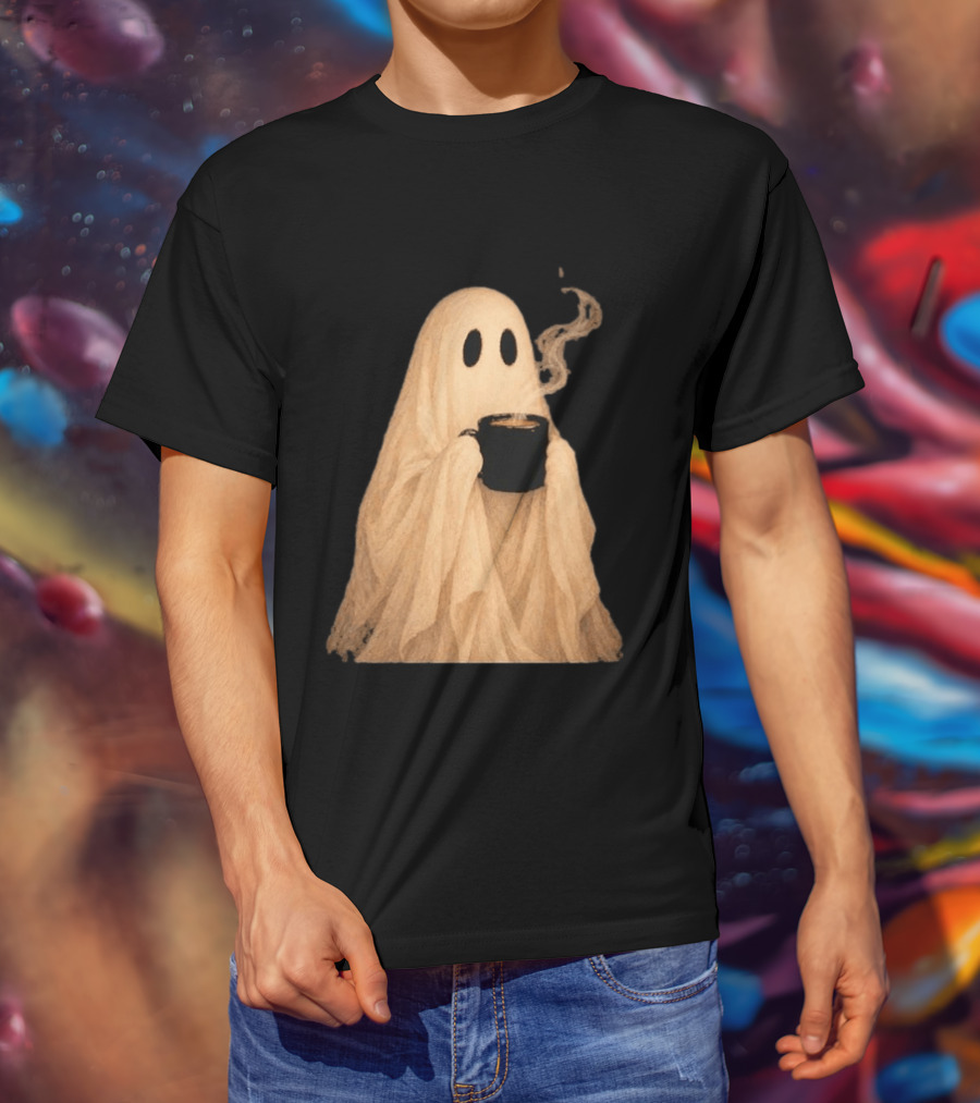 Ghost Spooky Coffee Bar Halloween Cozy Ghost Holding Coffee Steam T-Shirt