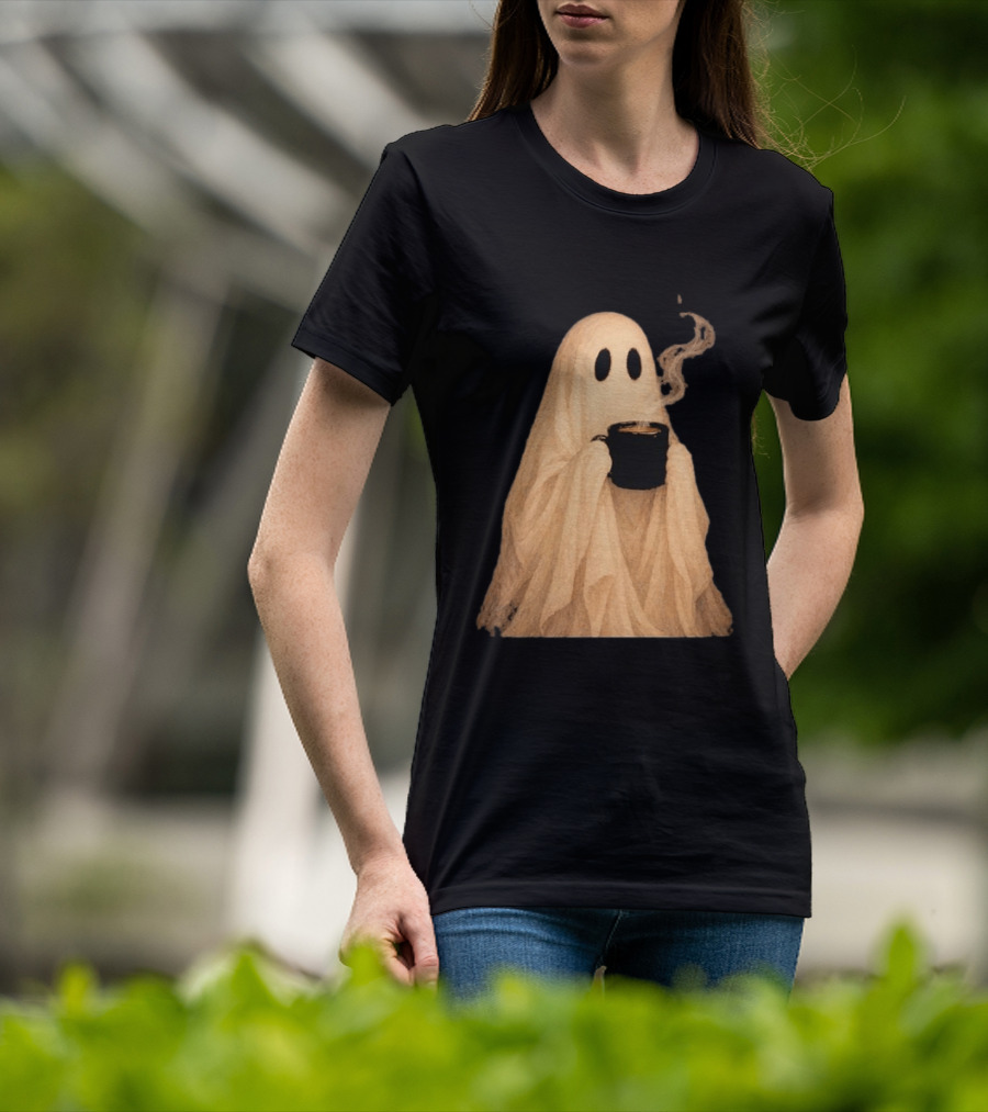 Ghost Spooky Coffee Bar Halloween Cozy Ghost Holding Coffee Steam T-Shirt