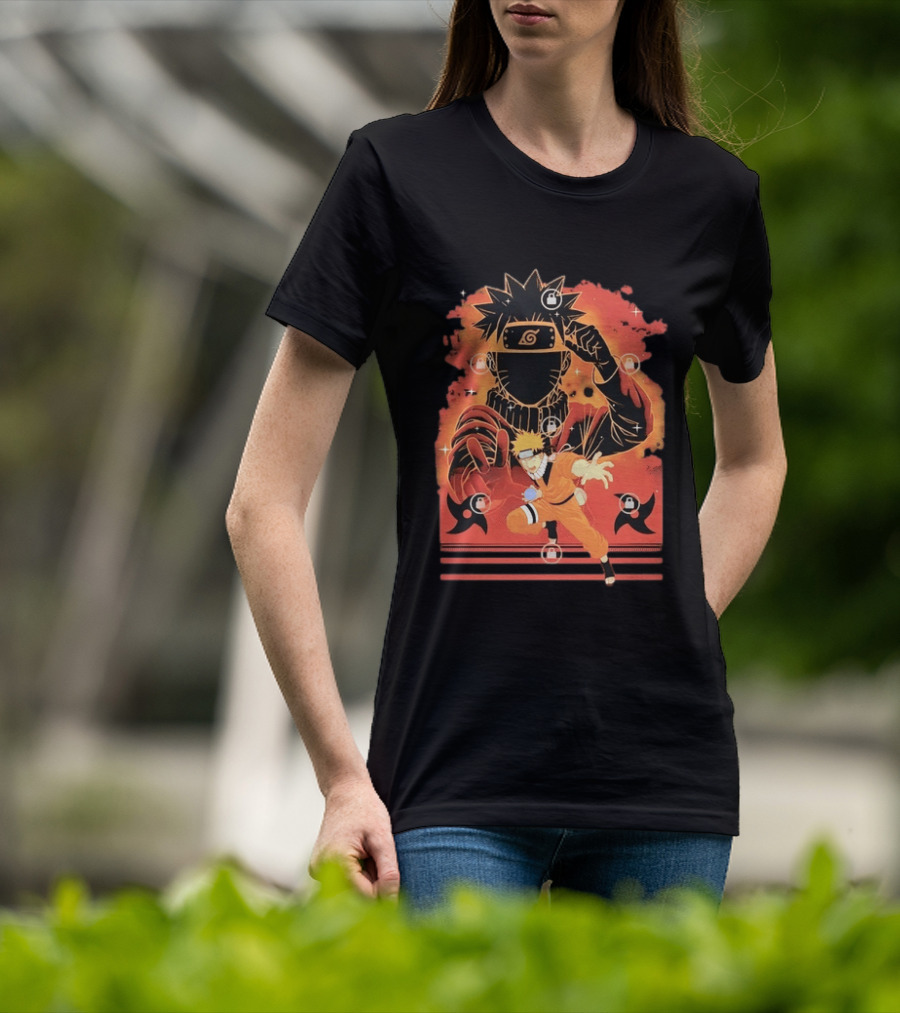 Naruto Uzumaki Ninja Action Anime Manga Shadow Clone Jutsu Shuriken Flames T-Shirt