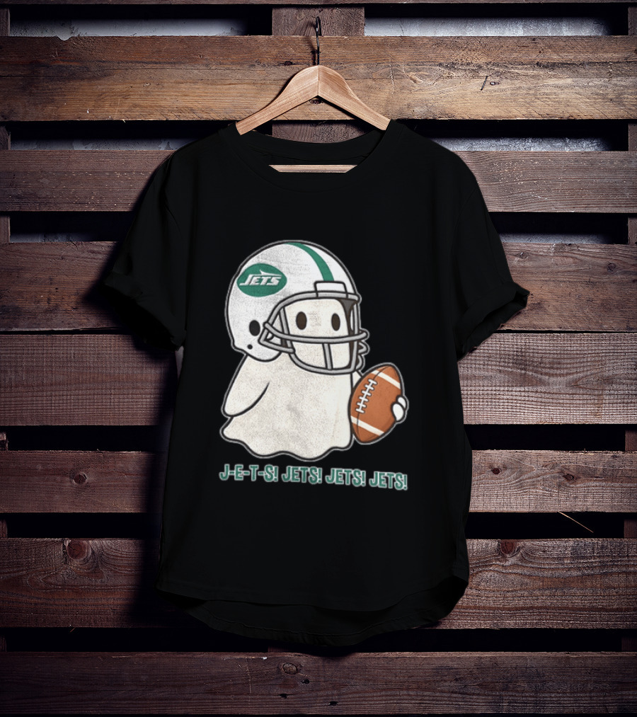 J E S Jets Jets Jets New York Jets Football Helmet Ghost Holding Football T-Shirt