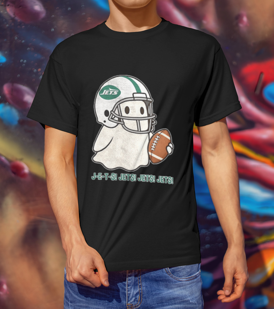J E S Jets Jets Jets New York Jets Football Helmet Ghost Holding Football T-Shirt