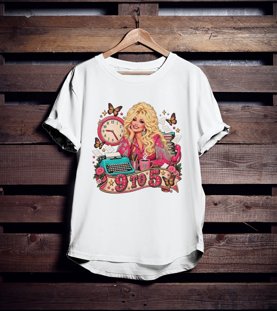 9 To 5 Dolly Parton Music Western Cowgirl Icon With Butterflies And Typewriter T-Shirt