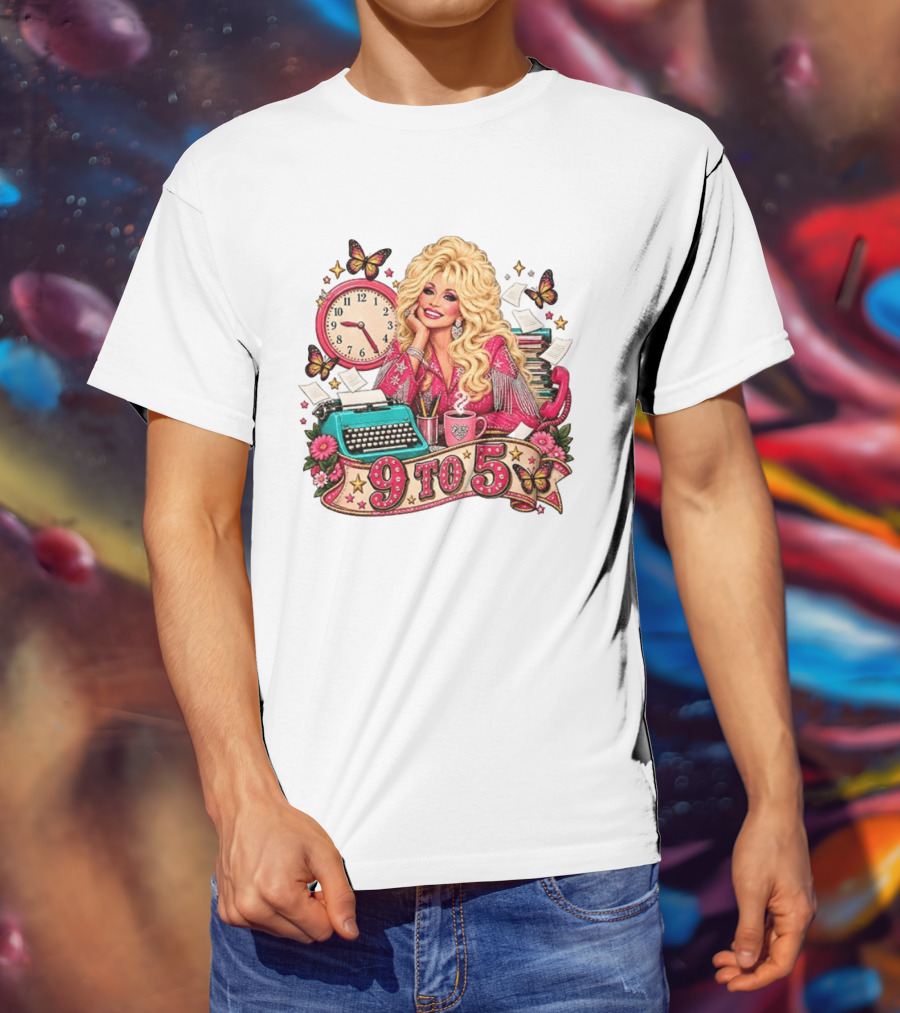 9 To 5 Dolly Parton Music Western Cowgirl Icon With Butterflies And Typewriter T-Shirt