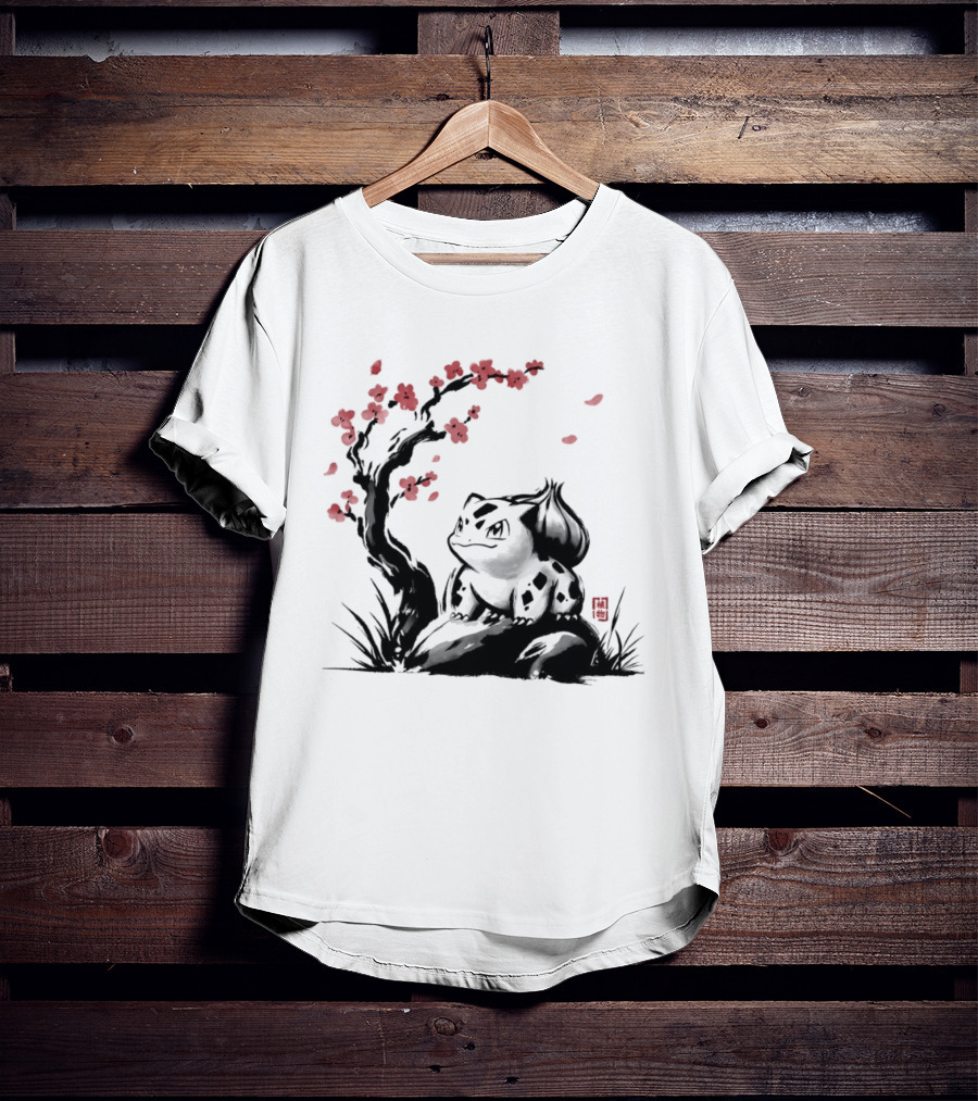 Bulbasaur Sumi E Ink Wash Painting With Cherry Blossom Pokemon T-Shirt