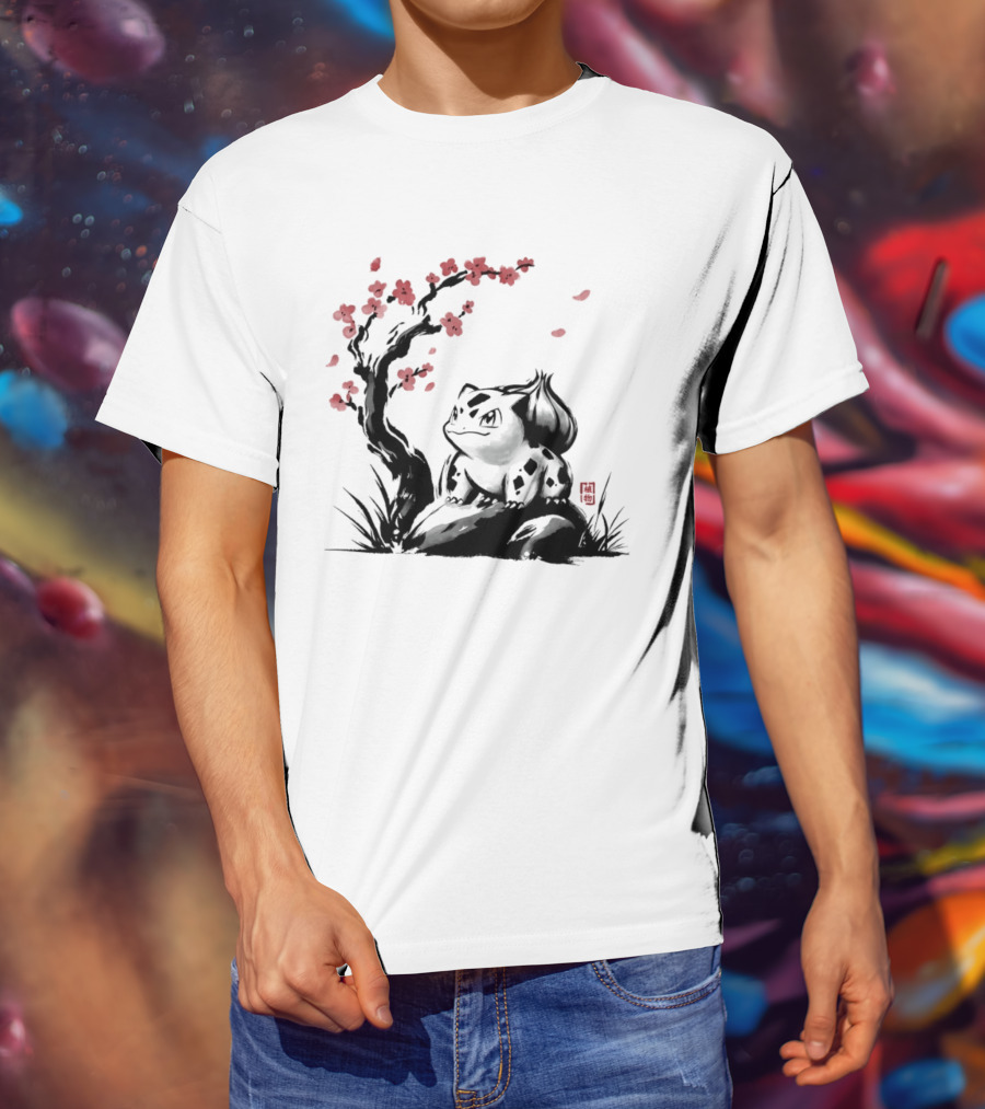 Bulbasaur Sumi E Ink Wash Painting With Cherry Blossom Pokemon T-Shirt
