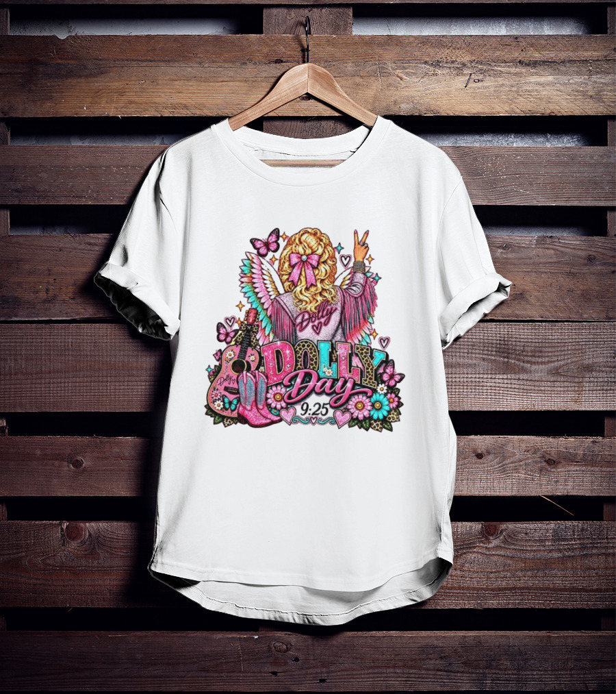 Dolly Day 9.25 Pink Cowgirl Boots Guitar Western Butterflies Hearts T-Shirt
