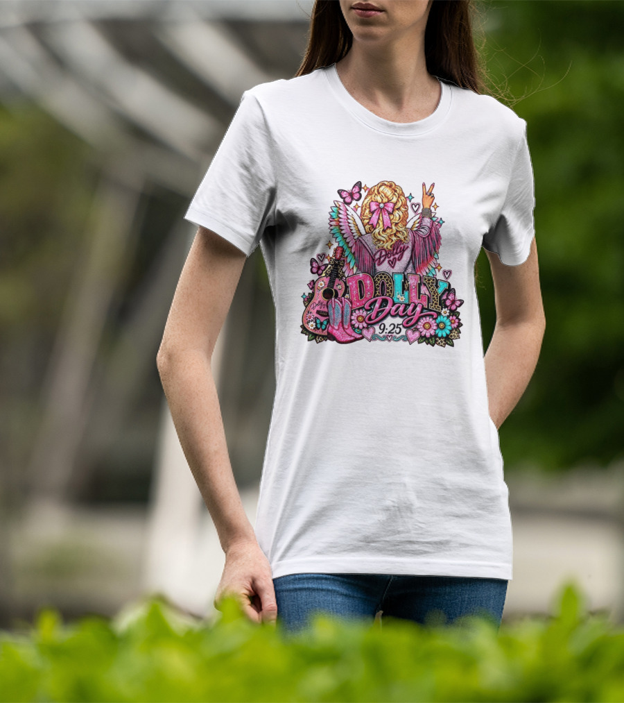 Dolly Day 9.25 Pink Cowgirl Boots Guitar Western Butterflies Hearts T-Shirt