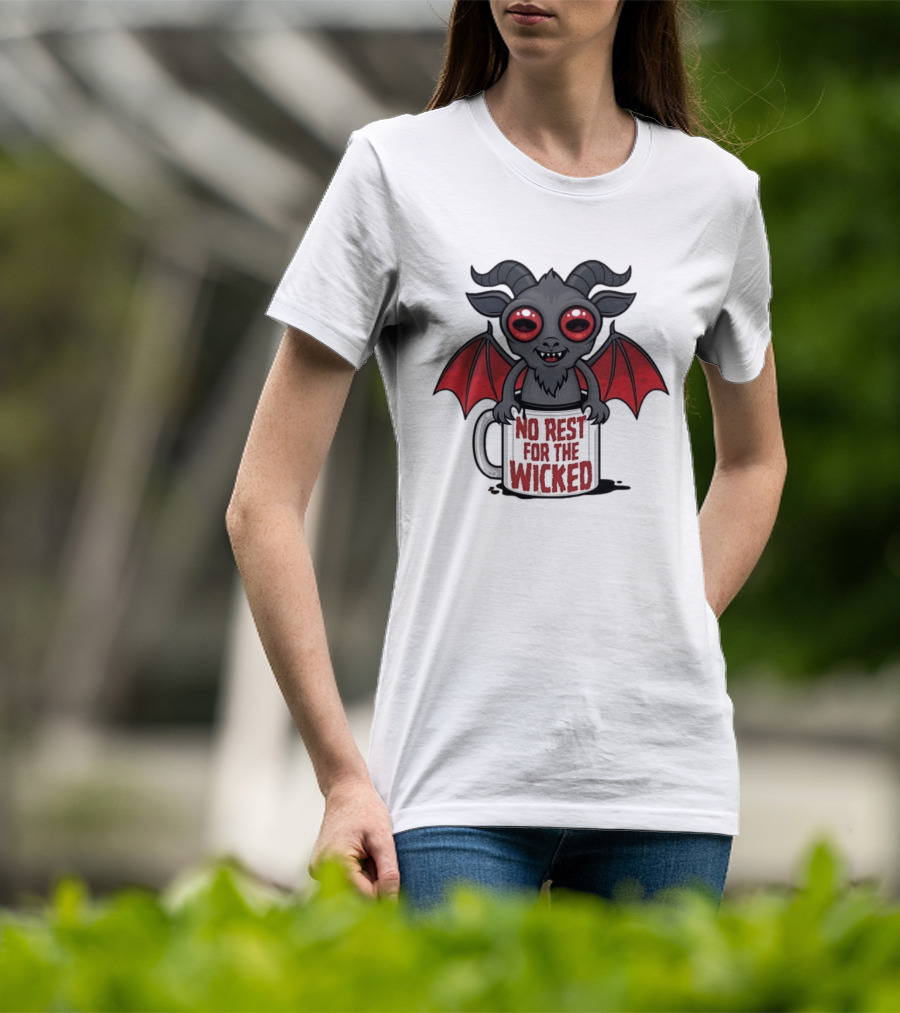 No Rest For The Wicked Little Demon Coffee Red Eyed Bat Wings T-Shirt