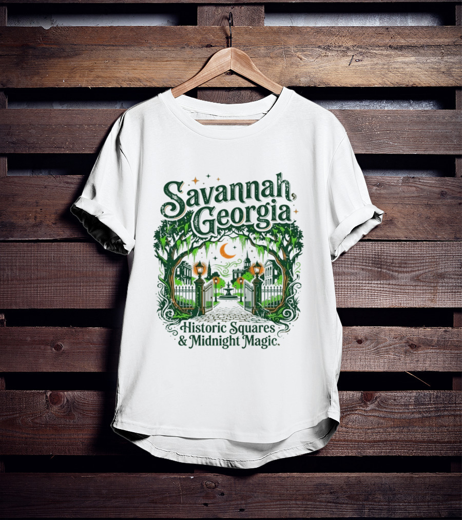 Savannah Georgia Historic Squares Midnight Magic Crescent Moon And Lanterns T-Shirt