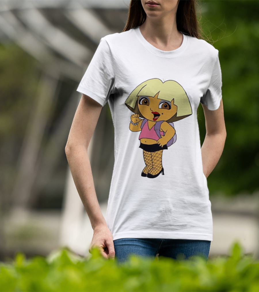 Explorer Parody Cartoon Mashup Pop Culture Icon With Backpack And Fishnets T-Shirt