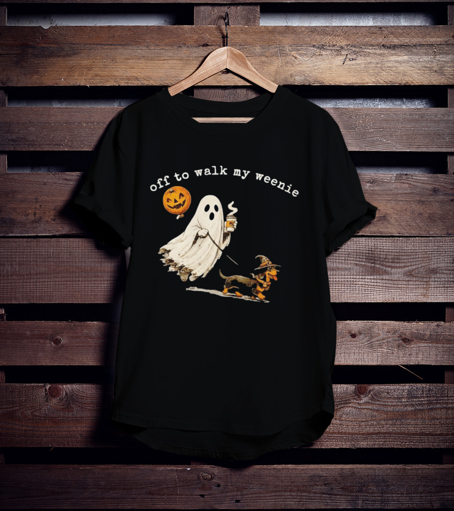 Ghost Walking With Pumpkin Balloon And Dachshund Halloween Fun T-Shirt