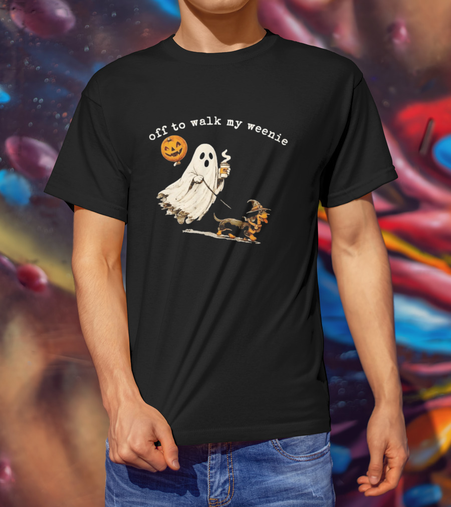 Ghost Walking With Pumpkin Balloon And Dachshund Halloween Fun T-Shirt