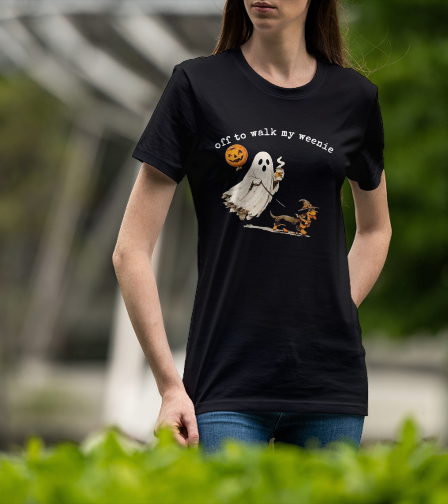 Ghost Walking With Pumpkin Balloon And Dachshund Halloween Fun T-Shirt