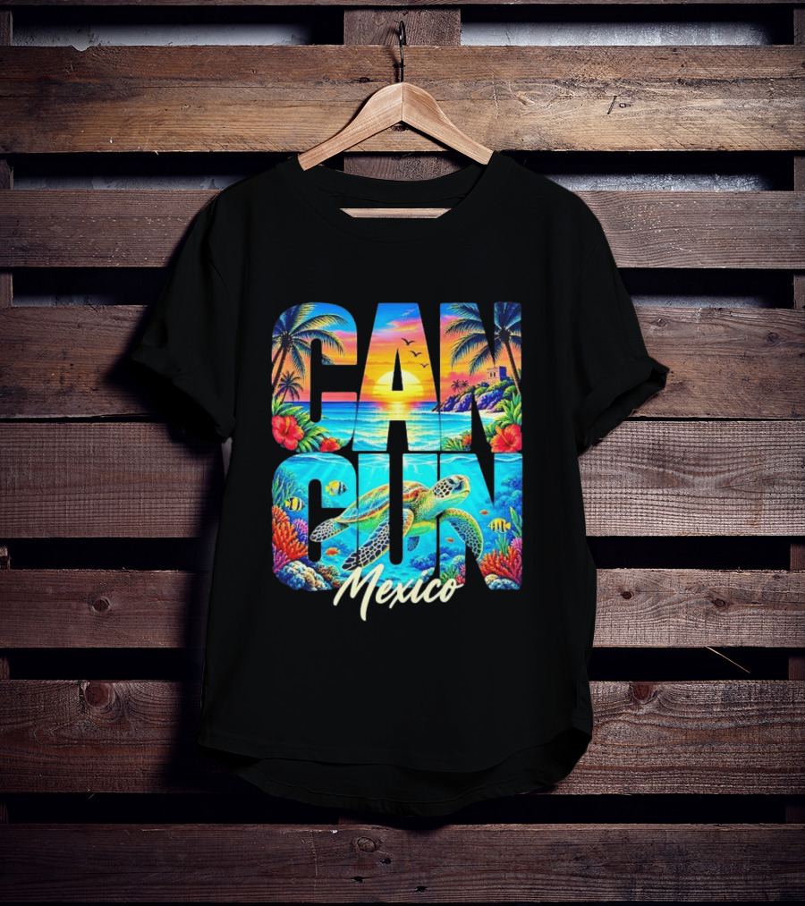 Cancun Mexico Tropical Sea Turtle Sunset Palm Trees Ocean Scene T-Shirt