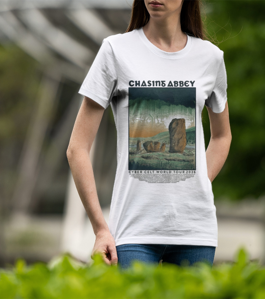 Chasins Abbey Cyber Celt World Tour 2026 Digital Stonehenge Landscape T-Shirt
