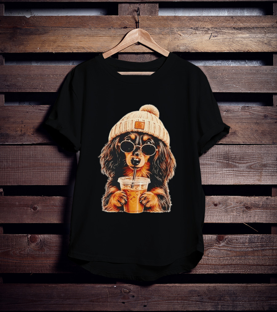 Dachshund Beanie Sunglasses Iced Coffee Trendy Dog Fashion T-Shirt