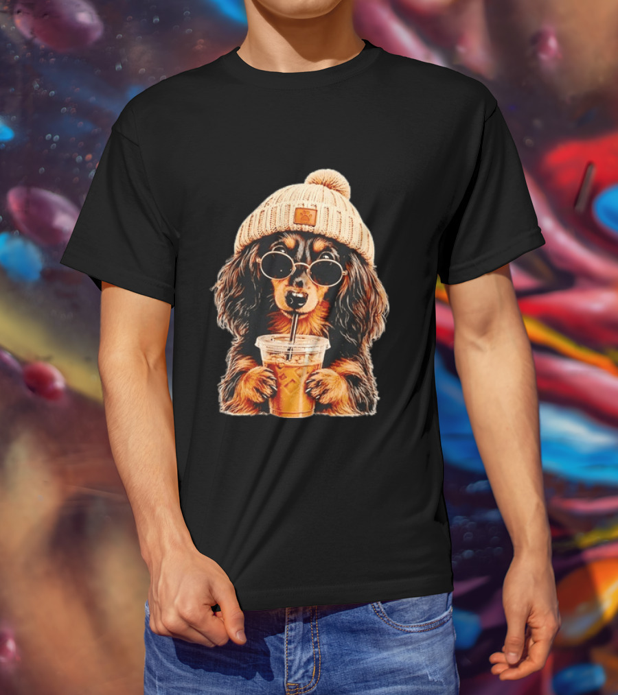 Dachshund Beanie Sunglasses Iced Coffee Trendy Dog Fashion T-Shirt