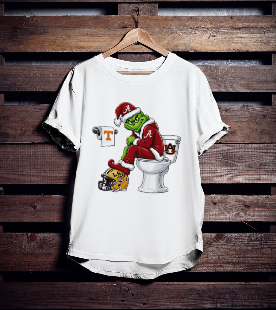 Alabama Crimson Tide Santa Grinch Sitting Auburn Toilet LSU Helmet Christmas T-Shirt