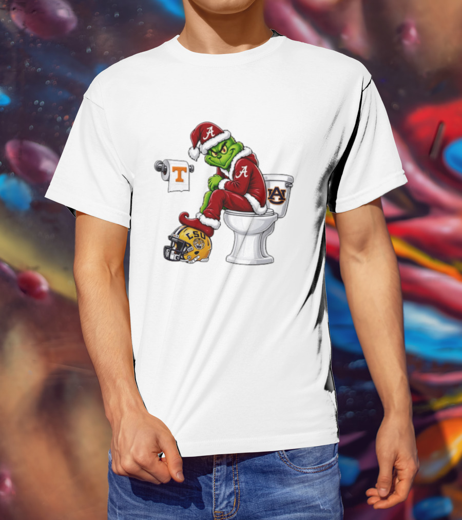 Alabama Crimson Tide Santa Grinch Sitting Auburn Toilet LSU Helmet Christmas T-Shirt