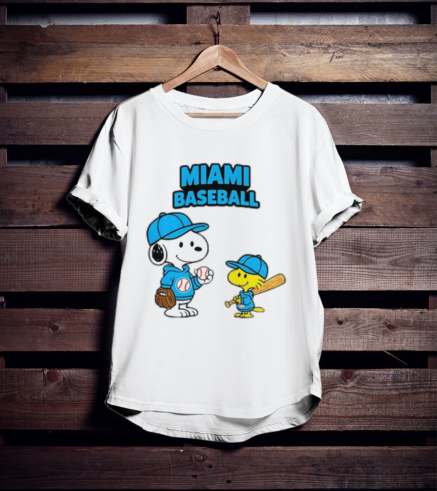 Snoopy Woodstock Miami Baseball Peanuts Cartoon MLB T-Shirt