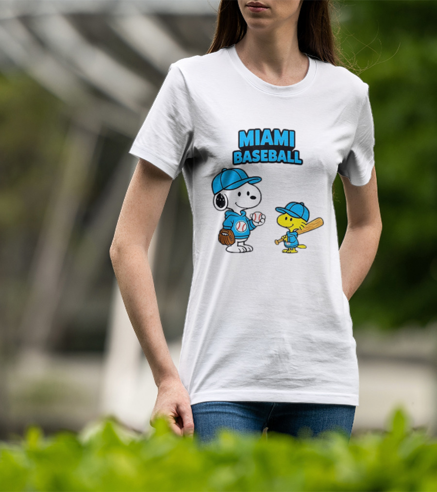 Snoopy Woodstock Miami Baseball Peanuts Cartoon MLB T-Shirt