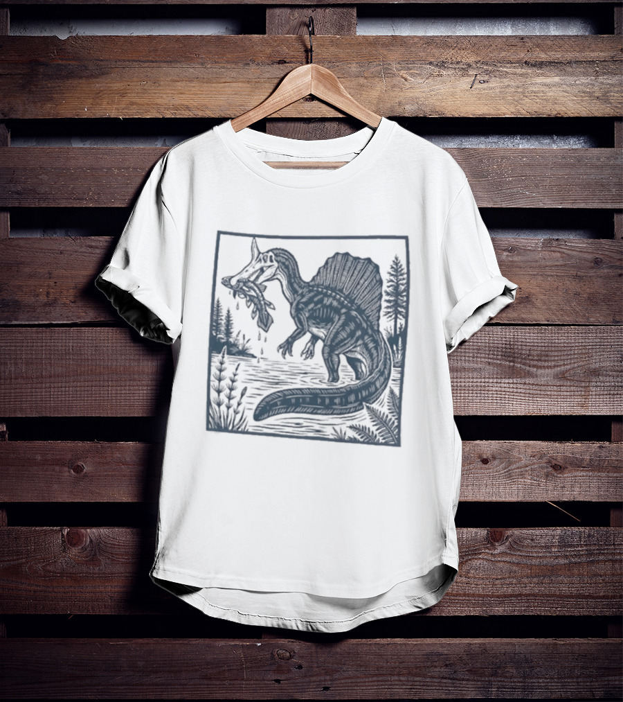 Spinosaurus Catching Fish With Forest T-Shirt