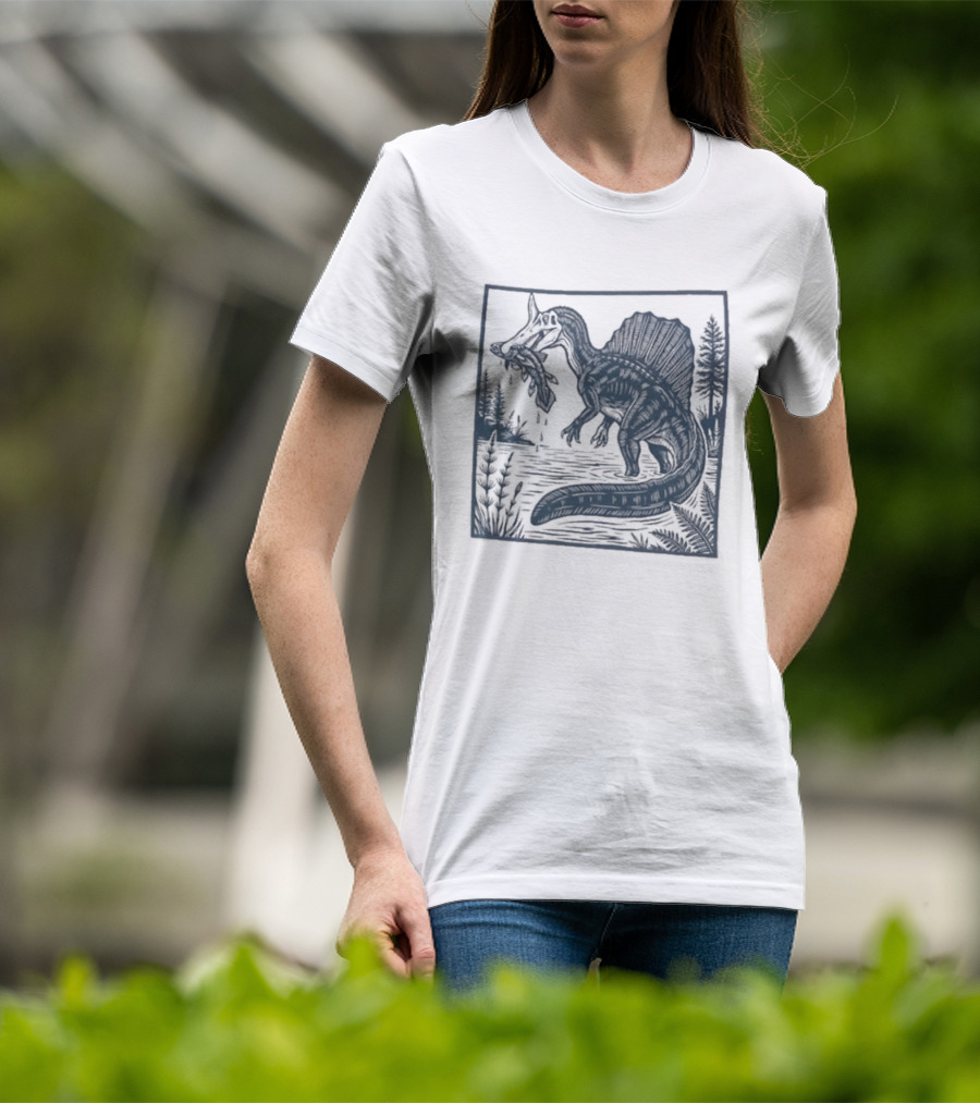 Spinosaurus Catching Fish With Forest T-Shirt