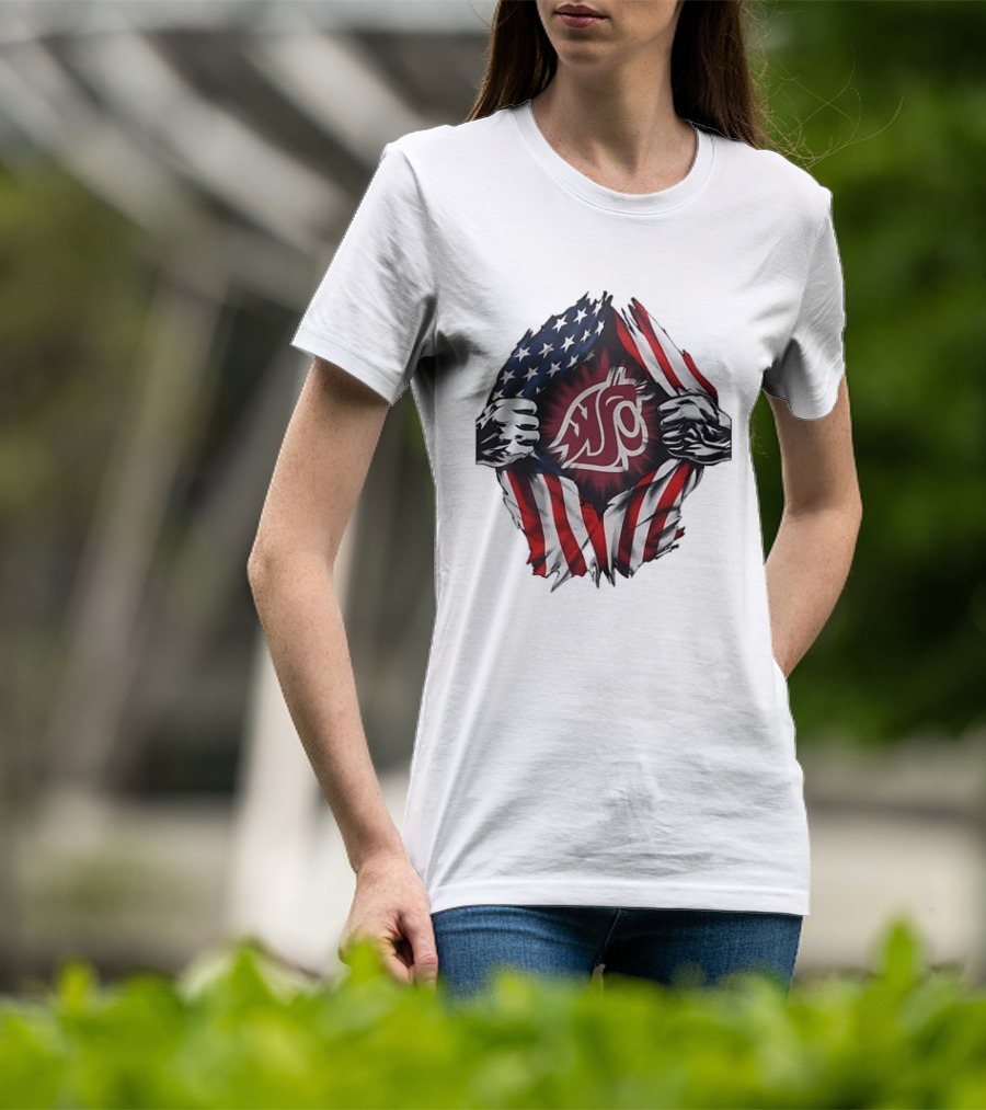 Washington State University Cougars American Flag Ripped Chest T-Shirt
