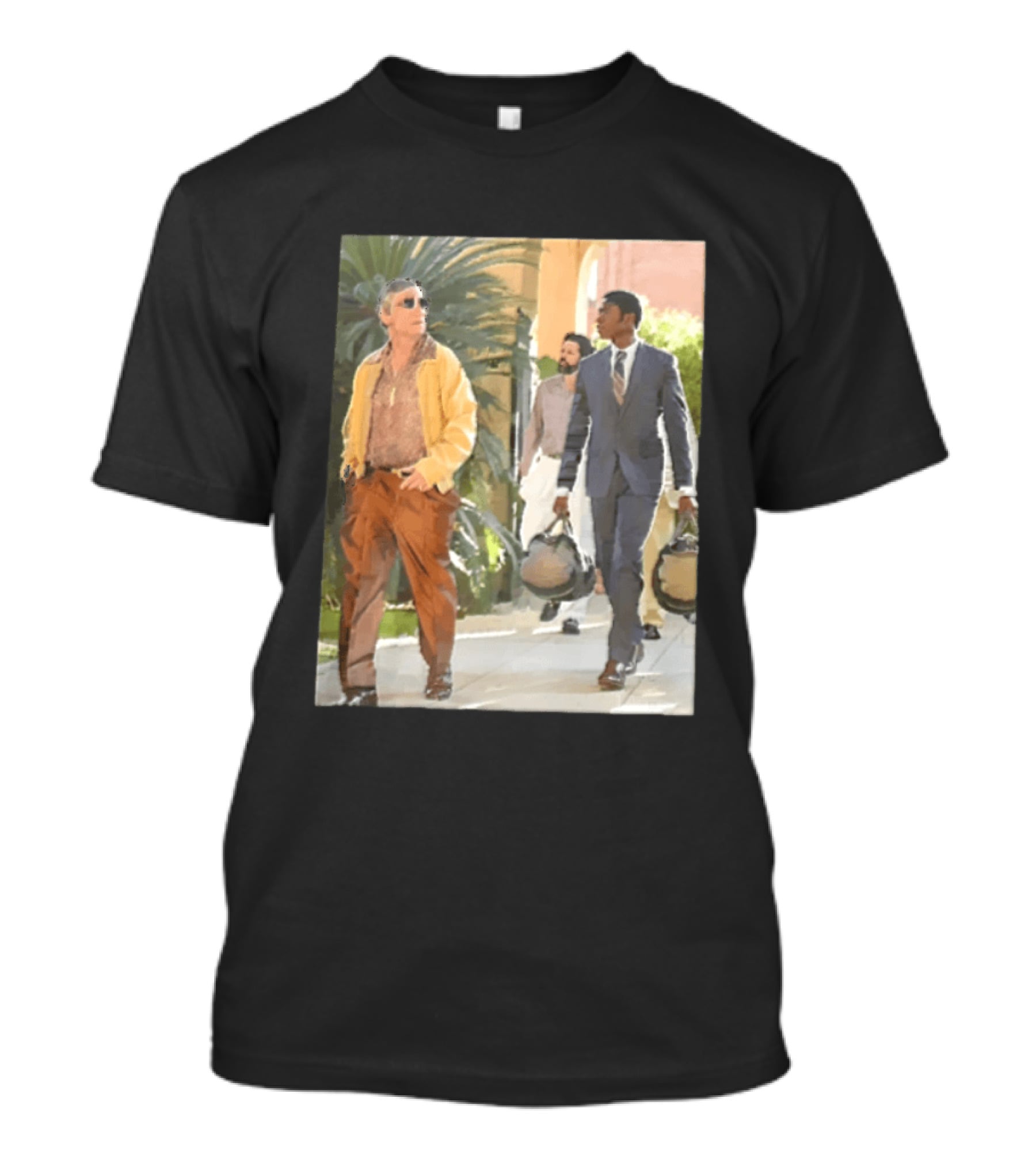 Men In Stylish Outfits Walking Outdoors With Bags T-Shirt