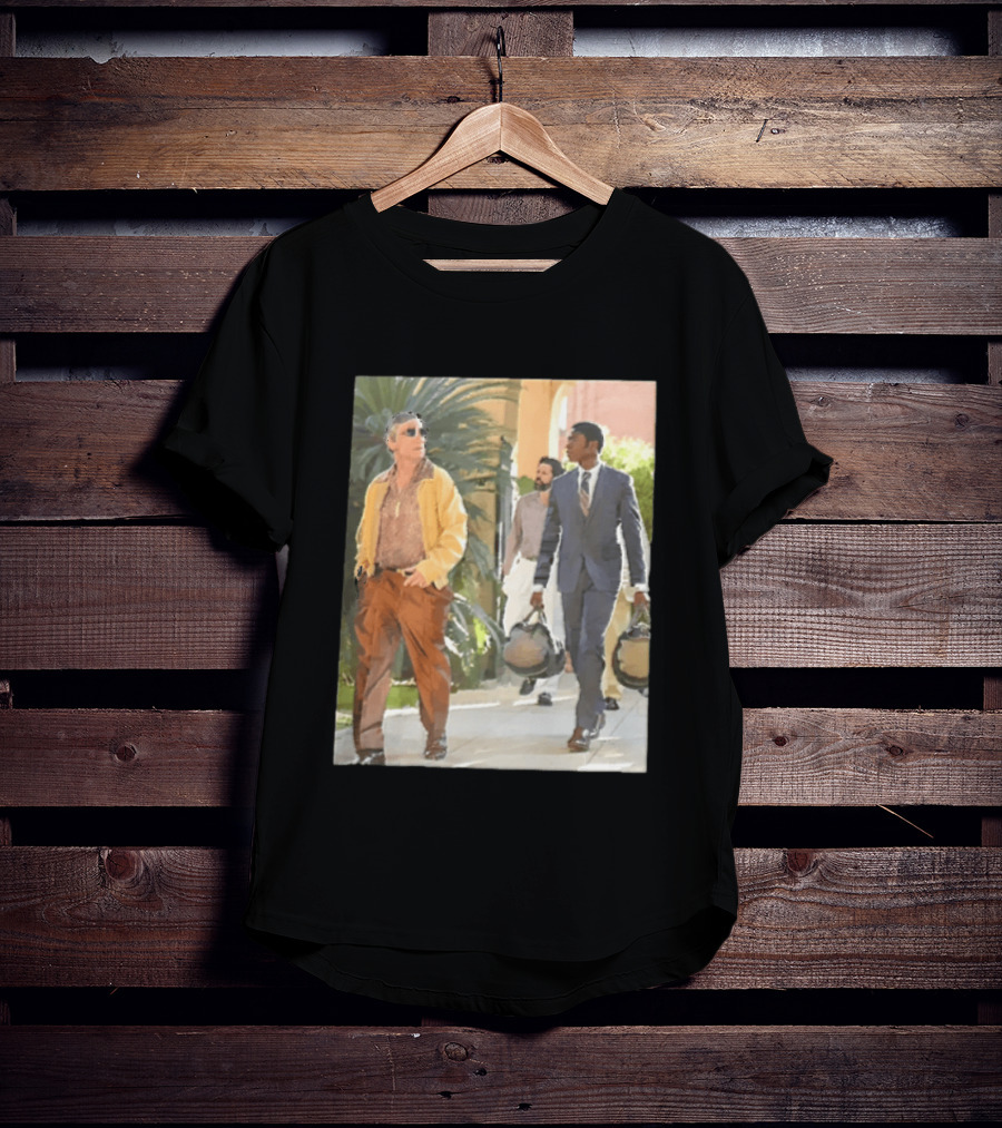 Men In Stylish Outfits Walking Outdoors With Bags T-Shirt
