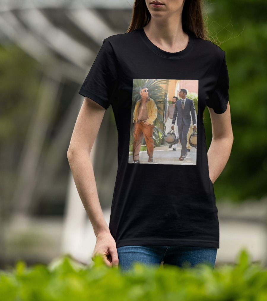 Men In Stylish Outfits Walking Outdoors With Bags T-Shirt